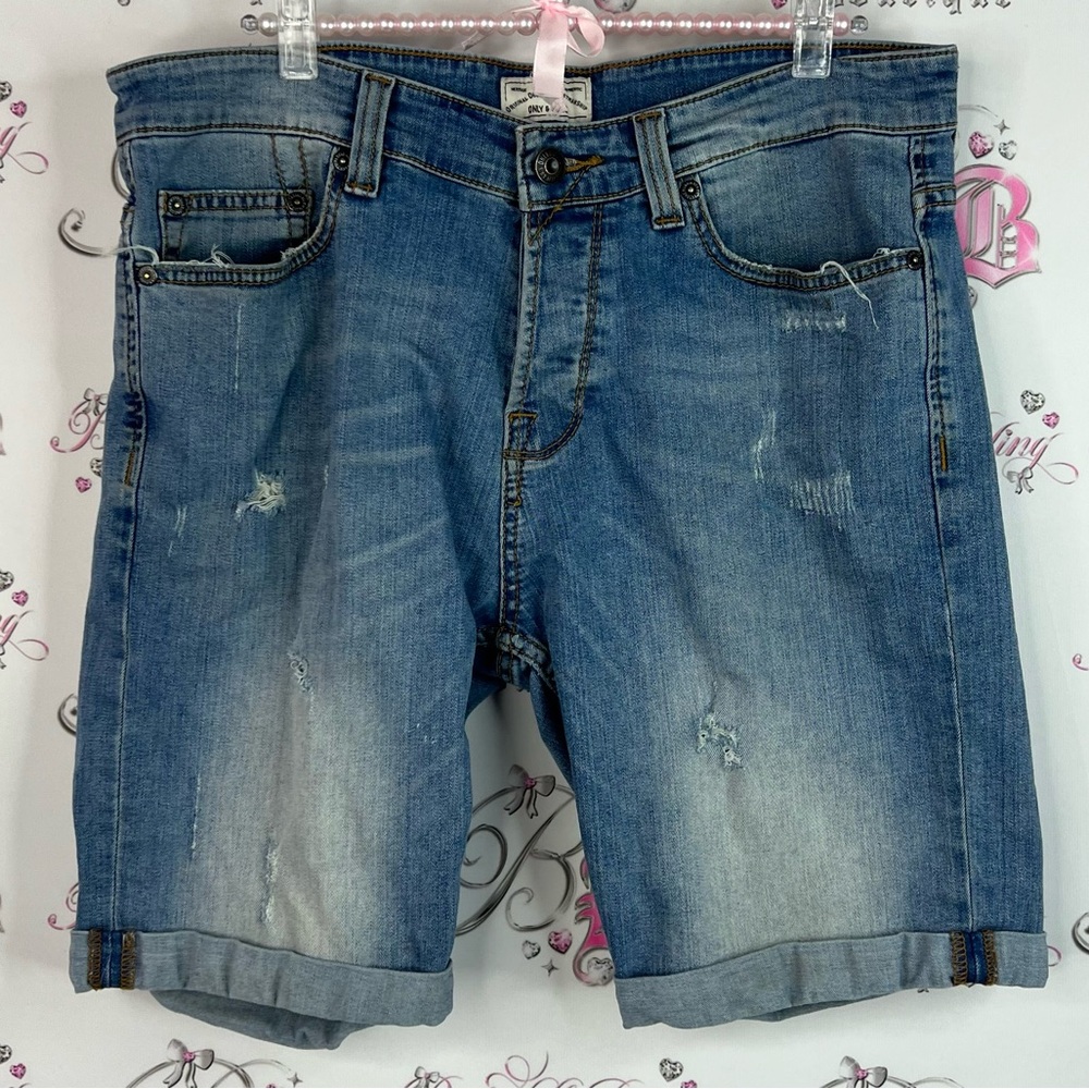Only & sons shorts distressed rips pockets Men's Blue Denim Shorts
